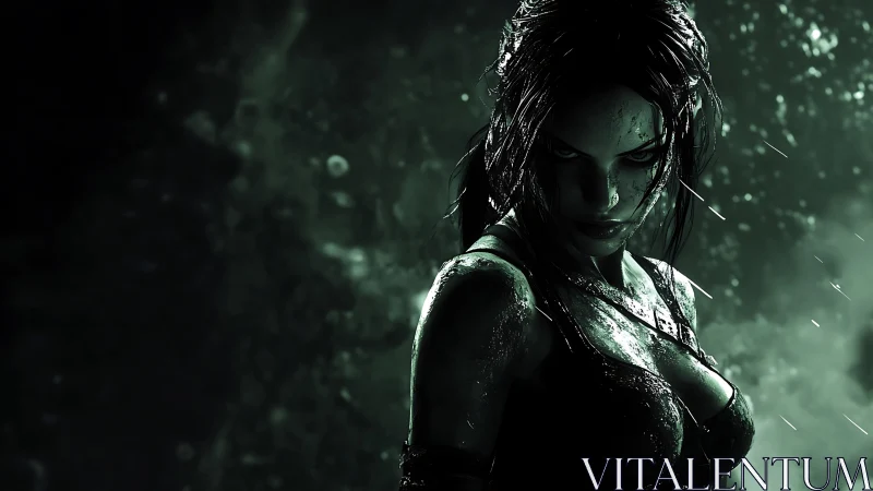 Cinematic warrior portrait in stormlit high-contrast 3D rendering.