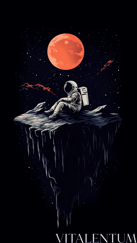 Solitary astronaut resting on floating rock in space.