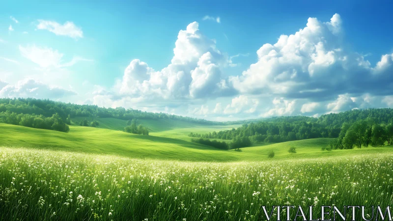 Sunlit wildflower meadow rolls toward distant green hills.