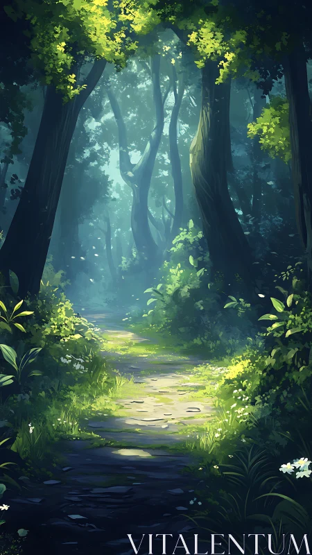 Enchanted forest path with towering ancient trees and golden light