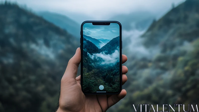 Smartphone framing misty forest valley in mountain view.