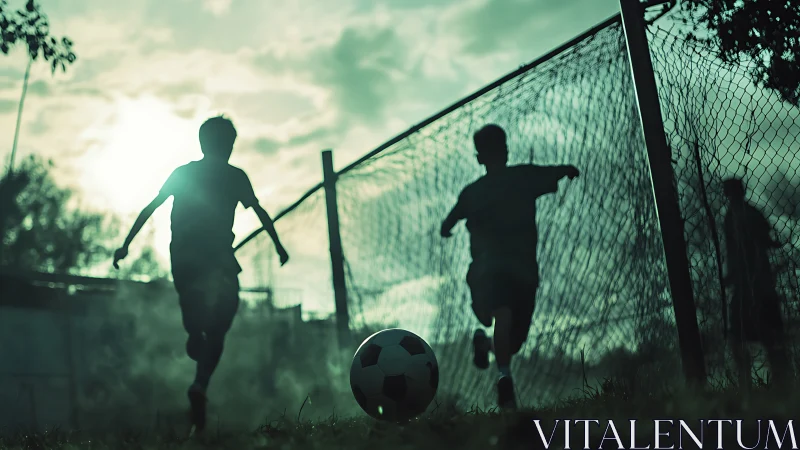 Silhouetted children run toward soccer ball near chain fence