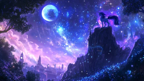 Starlit unicorn overlooking luminous violet fantasy city.