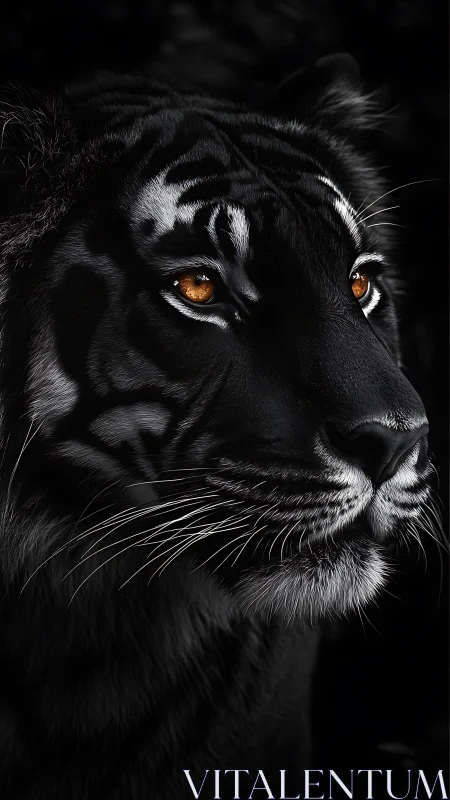 Black tiger portrait with glowing amber eyes in shadowed profile.