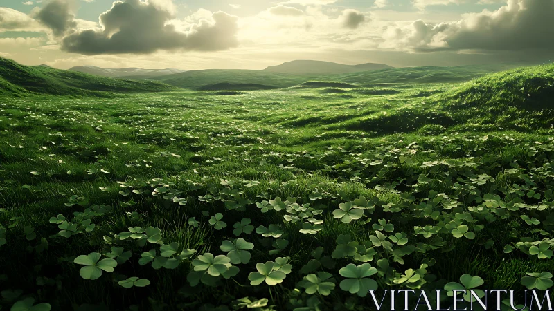 Clover covered grassy hills extend under bright backlit clouds