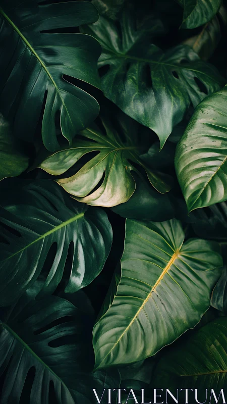 Monstera foliage fills frame with deep emerald texture.