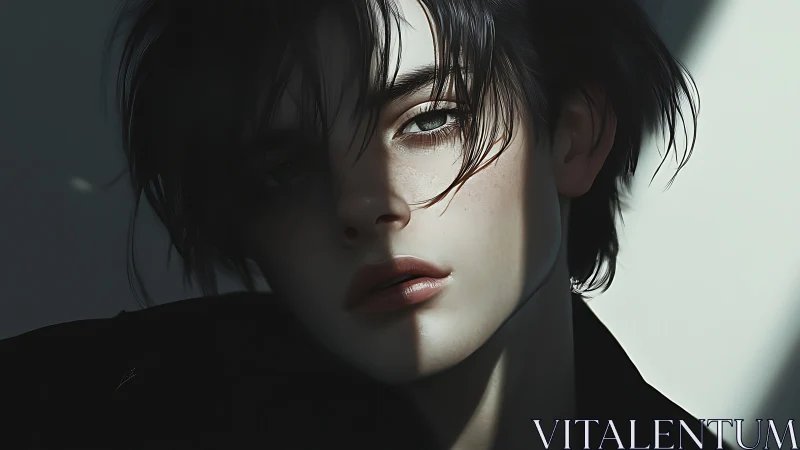 Moody closeup portrait of androgynous young person in shadow.