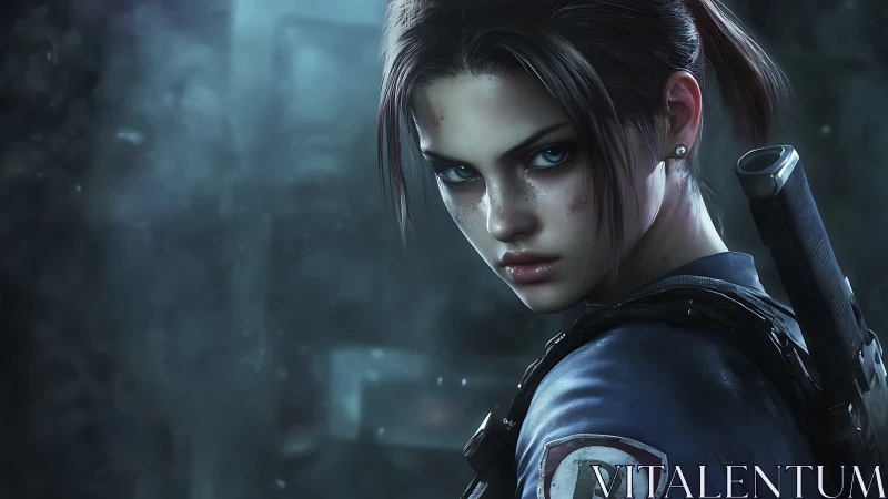 Digital painting portrait of tactical heroine in dim blue light.