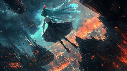 Girl with teal hair floating over burning dark city.