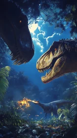 Fire-breathing dinosaur ignites primal jungle night clash.