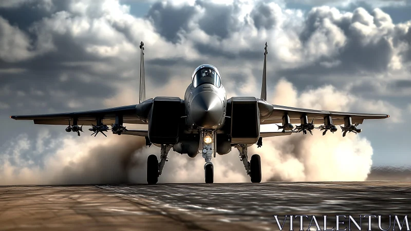 Fighter jet powers down runway beneath stormy clouds.