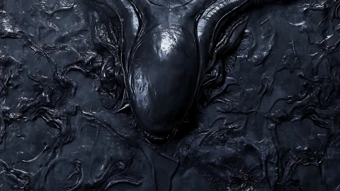 Alien carapace emerges from slick organic black surface.