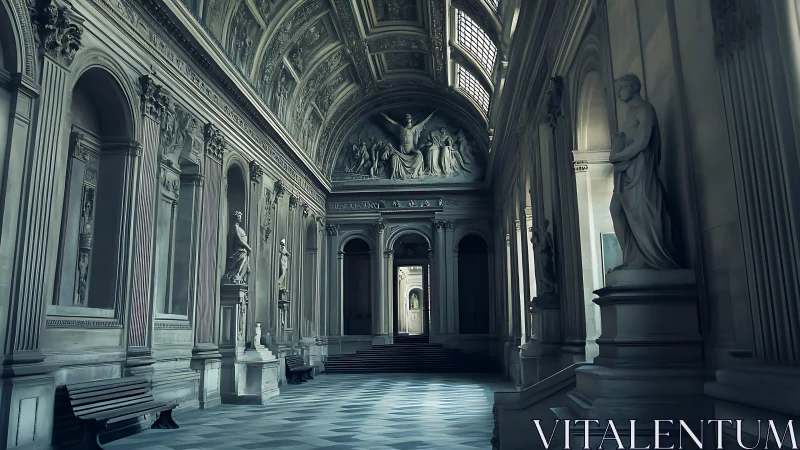 Grand classical hall with statues and vaulted ceiling interior