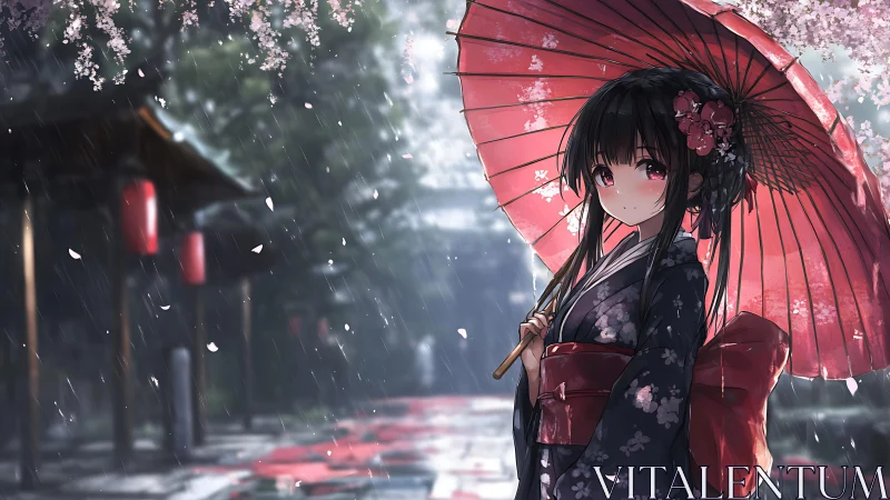 Kimono girl walks under red umbrella in soft spring rain