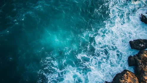 Turquoise ocean surf crashing against rugged coastal rocks.