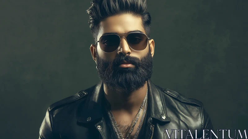 Bearded man in leather jacket under moody studio lighting.