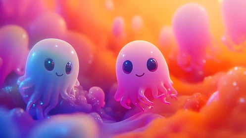 Bubble-bright jelly friends trade secrets in neon tides