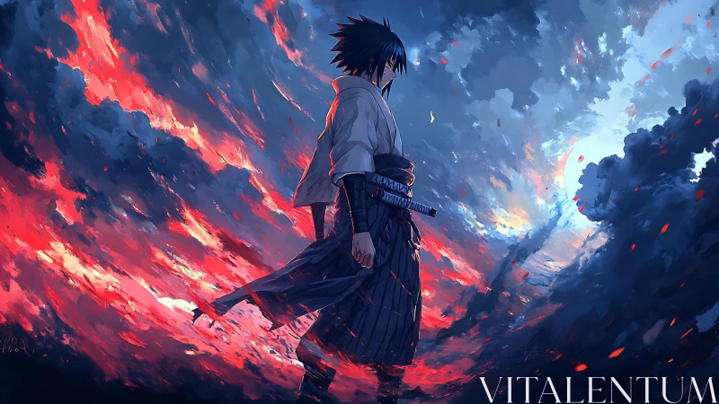 Solitary anime swordsman in glowing blue and red storm