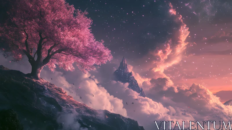 Luminescent pink tree overlooks ethereal peak above clouds