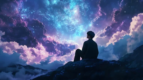 Solitary silhouette studies iridescent nebula sky at night