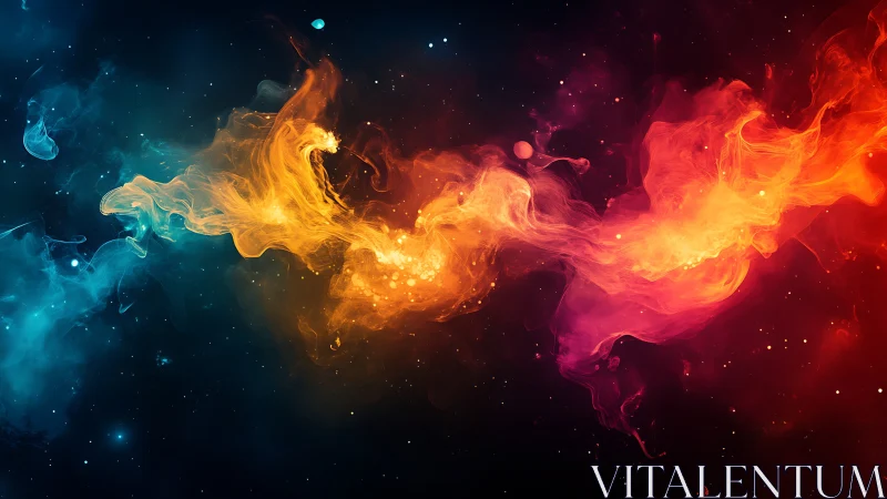 Cosmic nebula ribbon with vivid blue, orange, red glow.