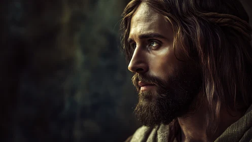 Soft side-lit bearded man in contemplative profile portrait.