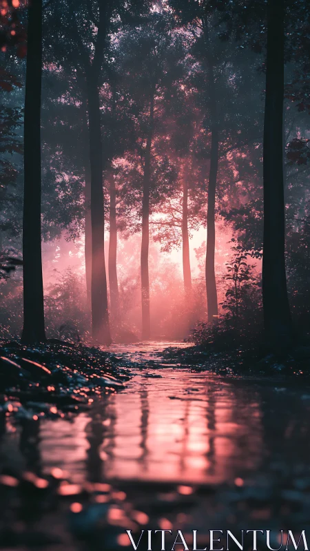 Misty Forest Path at Dawn with Golden Light.
