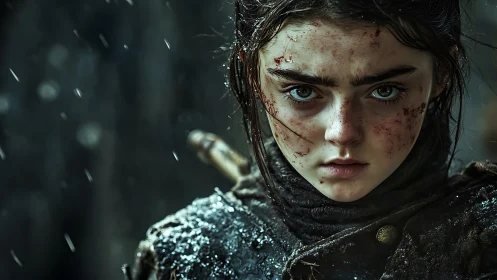 Storm-eyed girl warrior stares down the frozen battlefield.