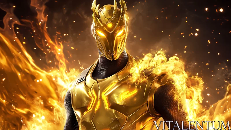 Golden flame guardian rising in a storm of fire and light.