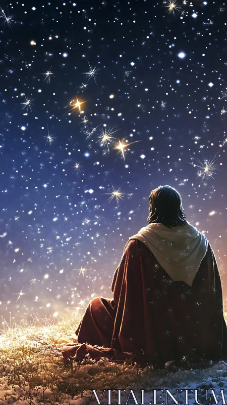 Robed figure gazes into luminous winter starlit sky.
