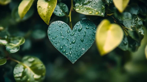 Heart-shaped green leaf catches soft morning raindrops.