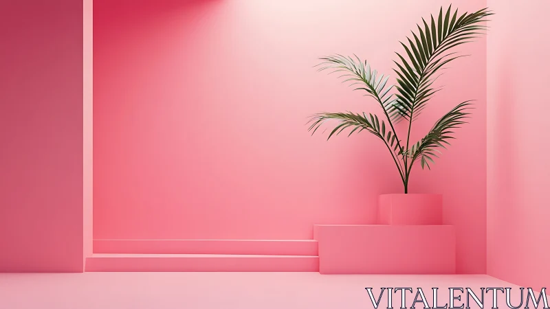 Minimal pink room with green palm on geometric plinths.