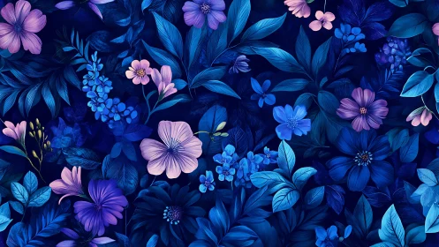 Midnight Garden: Blue and Pink Floral Composition.