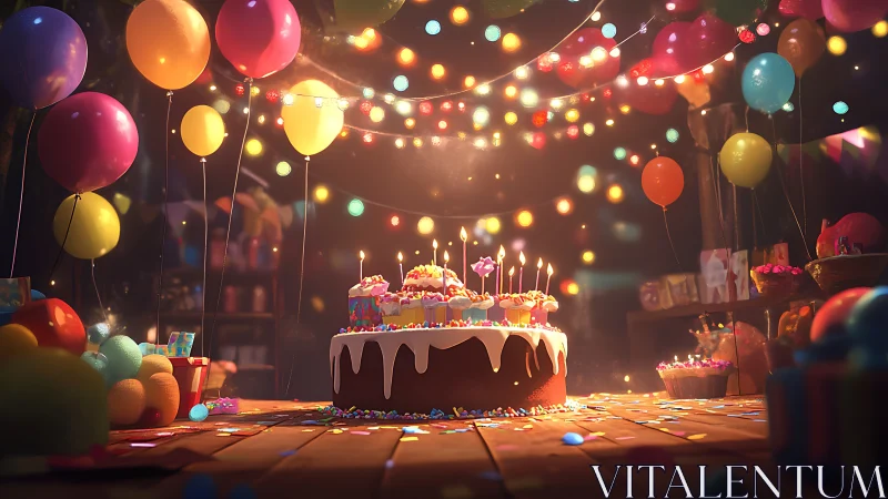 Illuminated Birthday Celebration with Layered Lighting, Chocolate Cake, and Suspended Balloons
