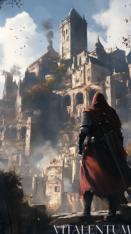 Hooded warrior observing vast ruined medieval fortress.