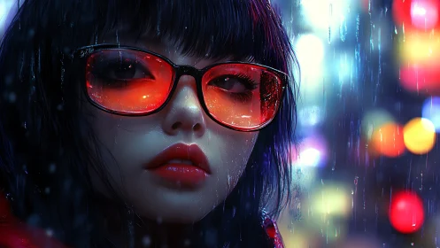 Cyberpunk neon portrait with reflective red visor glasses.