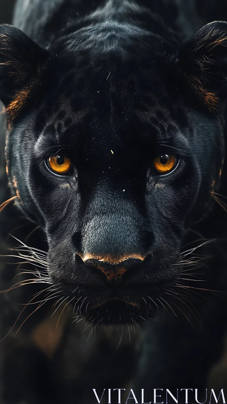 Melanistic Felid Portrait with Luminous Amber Ocular Engagement.