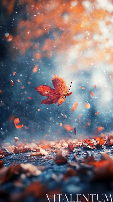 Autumn maple leaf suspended mid-fall in cinematic shallow focus