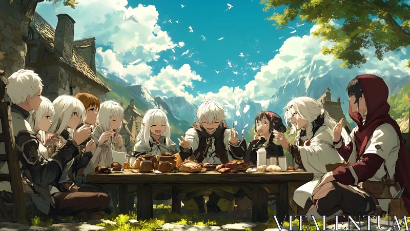 Fantasy village feast with adventurer companions outdoors.