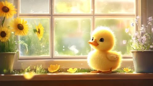 Sunlit duckling on windowsill amid glowing spring blooms.