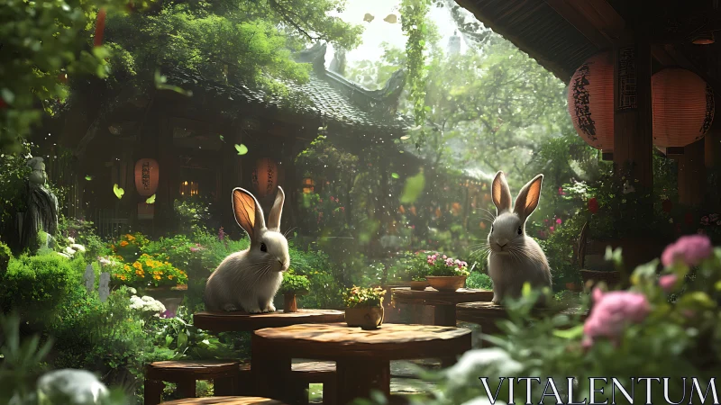 Garden rabbits on wooden tables in tranquil Asian courtyard.
