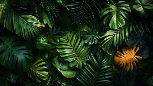Lush tropical foliage glows with deep greens and golden accents