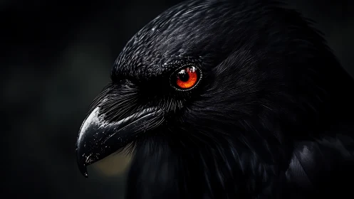 Crimson eyed raven in velvety shadowed stillness.