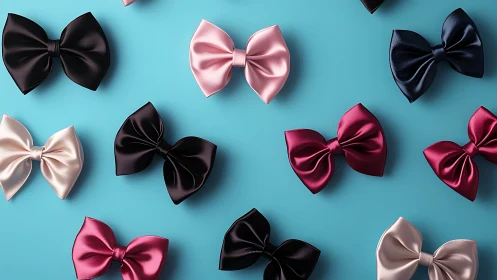 Satin hair bows arranged in uniform grid on cyan background