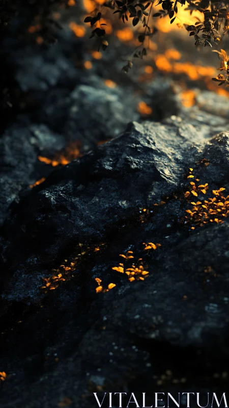Golden Hour Lichen on Weathered Stone with Bokeh Foliage