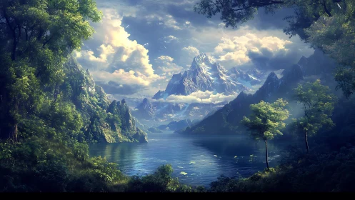 Majestic alpine lake beneath luminous snowcapped peaks.