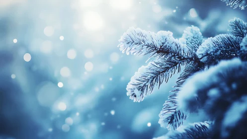 Macro winter fir branch with frosted needles and bokeh field.