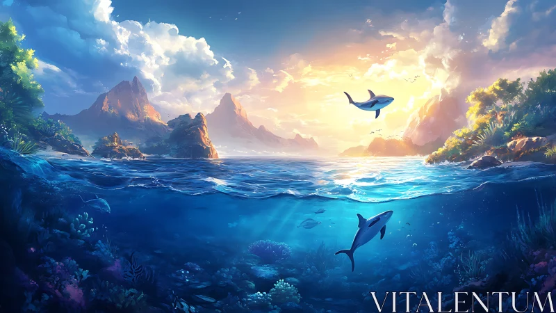 Sunlit island seascape with orcas and coral reef environment.