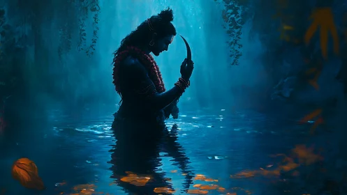 Digital painting of divine figure in luminous misted lagoon profile.