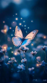 Luminous butterfly hovers over moonlit wildflowers at dusk.